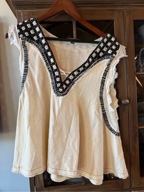 Free People Cream Tank with Black Embroidered V-Neck